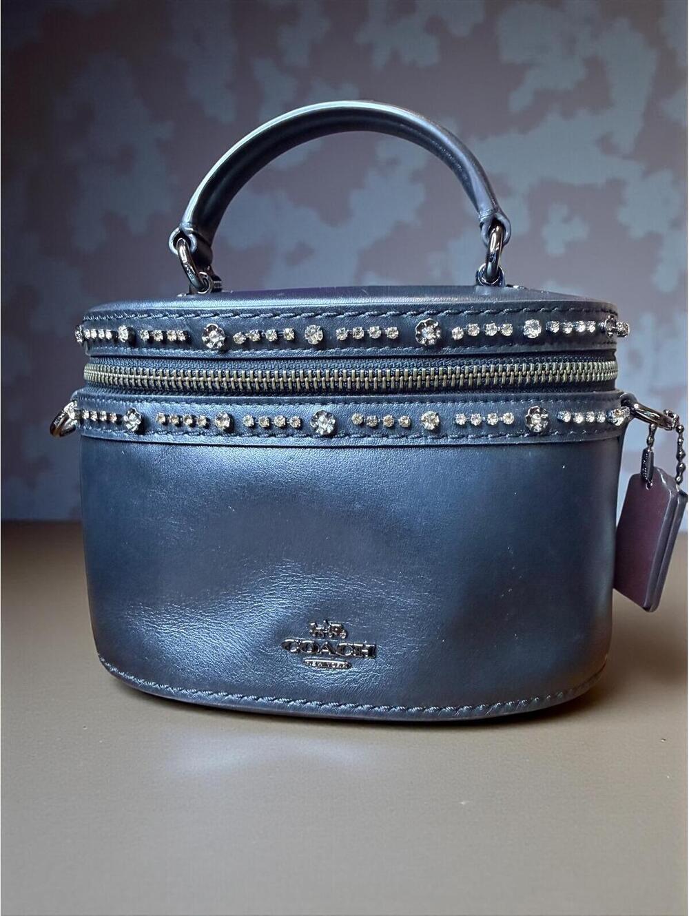 Coach x Selena Gomez. Black Leather Crossbody Trail Bag with Crystal Trim